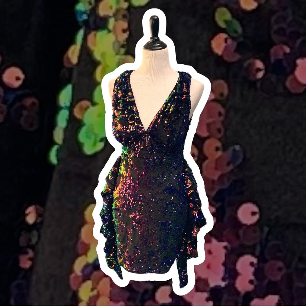 Sequin V-Neck Ruffle Mini Dress - Iridescent Black